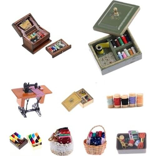 Kids Dollhouse Decor 1:12 Miniature Furniture Wooden Sewing Machine Thread Scissors Accessories for Dolls House Toys for Girls