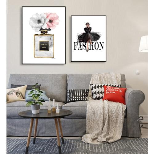 Decoration Picture Home Decor Framed Fashion Black Dress Canvas Nordic Wall Art Perfume with Flower Print Painting