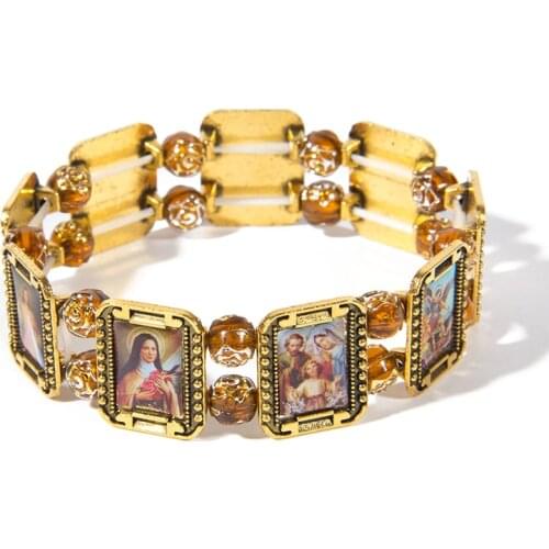 Alloy Jesus elastic Bracelet golden St images Saints Rosary Religious Bangle Woman and Man Jewelry Gift
