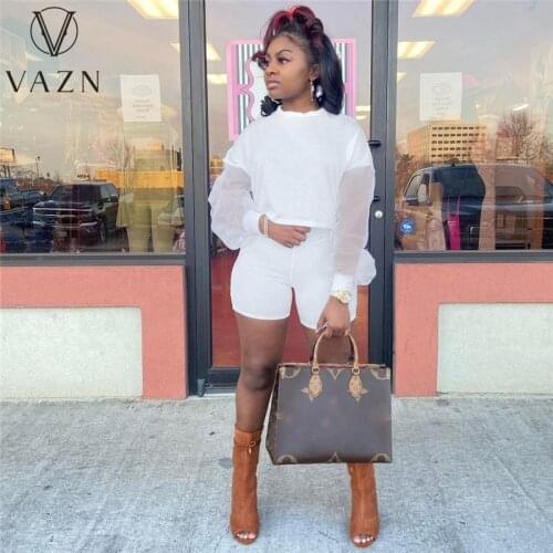VAZN 2021 Top Quality Full Sleeve See Through Spring Beach Special Sexy Young High Waist Skinny Women 2 Piece Set
