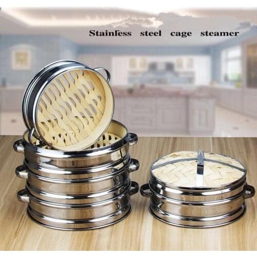 Stainless Steel Cookware Bamboo Steamer with lid Chinese Kitchen Cookware For Cooking Fish Rise Pasta Vegetables Dim Sum Bun