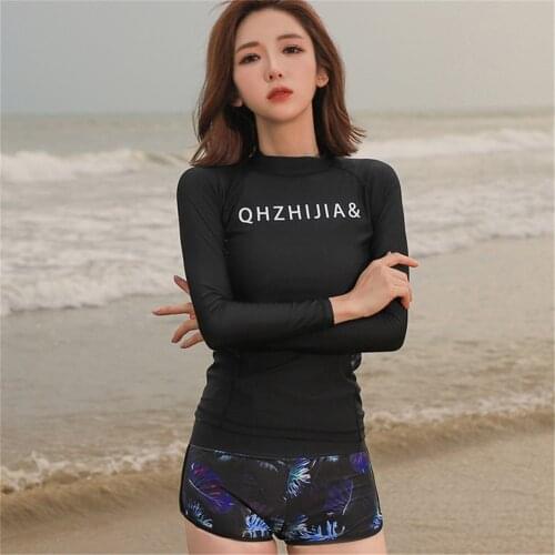 Long Sleeve Rash Guard Women Solid Two Piece Swimsuit Shorts Swimwear UV Protect Surfing Suit Zipper Dive Clothes Pad Tankini