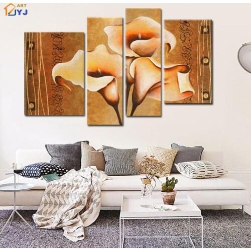 Unframed 4 Panels Modular Calla Lily Flower Picture Hand Painted Modern Abstract Oil Painting on Canvas Wall Art Gift JYJLV274