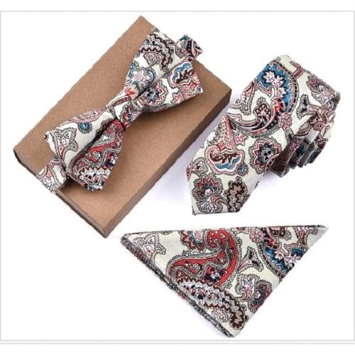 HOOYI Neck tie Set Cotton Slim Ties for Men Bowtie Flower Pocket square Handkerchief Butterfly