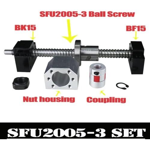 CNC Ballscrew Set : 20MM Ball screw SFU2005 End Machined + RM2005 Ball Nut + BK15 BF15 End Support+ coupler 6.35x12mm for 2005
