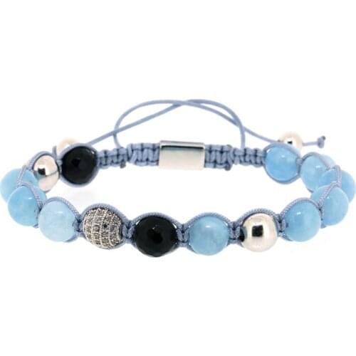 Sky Blue Moon Stone Black Onyx Stone Bead CZ Zircon Copper Charm Knot Adjustable Braiding Macrame Bracelet For Man