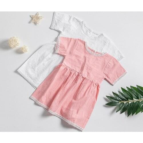 New Childrens Cotton And Linen Lace Dress Summer Short-Sleeve Solid Color Casual Girls Dresses WT029