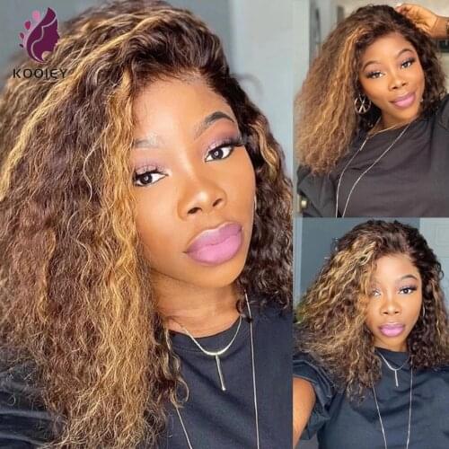 Highlight Deep Wave Lace Frontal Wig Ombre Deep Curly Brazilian Human Hair Wigs 180 Density Deep Wave 4x4 Lace Closure Wig