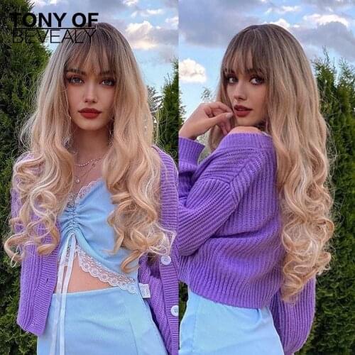 Long Wavy Natural Hair Wigs Brown Root Light Blonde Synthetic Wigs With Bangs for Women Cosplay Party Heat Resistant Wigs