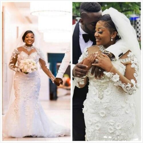 Plus Size Luxurious Mermaid Wedding Dresses Lace Beaded Crystals Sheer Neck Wedding Dress Bridal Gowns vestidos de noiva