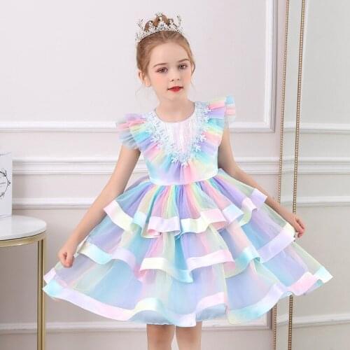 Little Girls Colorful Layered Dress New Summer Party Dresses Kids Rainbow Mesh Costumes Cute Vestidos Outfits Children Clothing