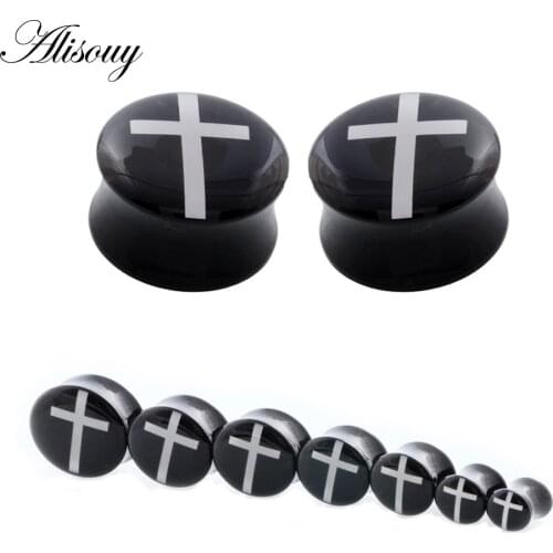 Alisouy Black Acrylic Ear Plug Tunnels Earring Gauges White Cross Hollow Flare Ear Tunnel Expanders Plugs Body Piercing Jewelry