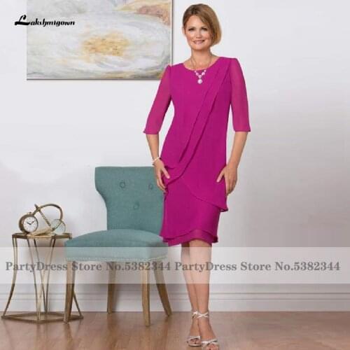 Simple Hot Pink Chiffon Mother of The Bride Dress 2020 Vestido Novia Formal Plus Size Evening Party Dress Knee Length