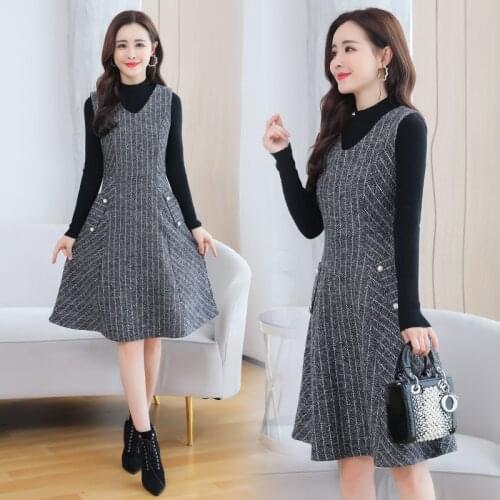 Sweater+Woolen Dress Winter Vintage Two-piece Suit 2020 Autumn Women Wool Dress Sweater Party Bodycon Warm Chic Stripe Vestidos