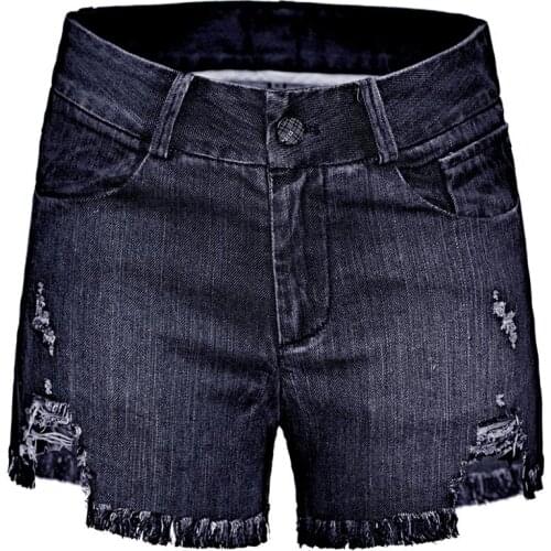 SX Vintage Summer wind ripped hole fringe slim Casual pocket high waist dark blue denim shorts women