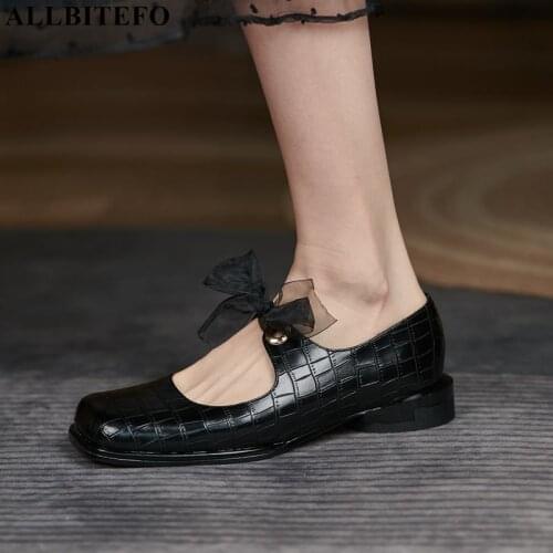 ALLBITEFO Butterfly-knot Women Shoes Real Genuine Leather Women Heels Spring Fashion Girls Comfortable Low Heel Walking Shoes