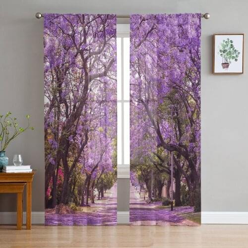 Cherry Blossoms Tree Branch Purple Flower Modern Tulle Curtains for Living Room Bedroom Home Kitchen Window Sheer Curtains