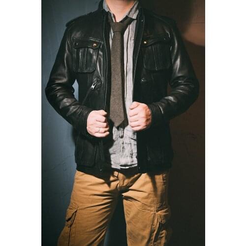 YR!Free shipping.High quality.black classic M65 tanned goatskin jacket.men cool genuine leather coat.1mm thick leather clothes