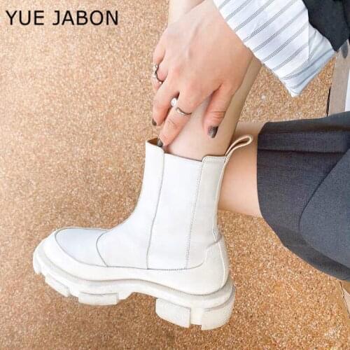 2020 Women Platform Boots Thick Bottom Ankle Boots Woman Round Toe Slip On Genuine Leather Chelsea Boots Woman Zapatos De Mujer