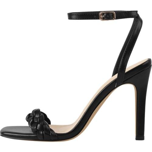 Richealnana Womans Knit Strip Black Sandals Ankle Strap Buckle High Heels Matte Patent Leather Concise Elegant Mature Shoes