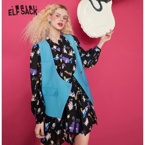 ELFSACK Cartoon High Waist Casual Summer Dress Women Fake 2 Pieces Sets,2021 Spring Vintage Korean Ladeis Daily Matching Suits