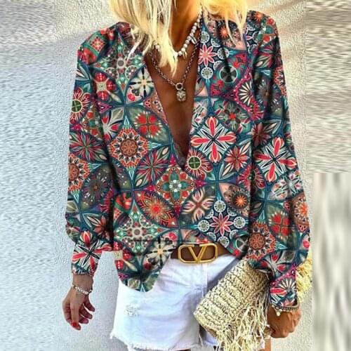 Lady New Autumn Casual Deep V Neck Loose Top Pullover Elegant Vintage Pattern Printed Women Shirts Fashion Long Sleeve Blouse