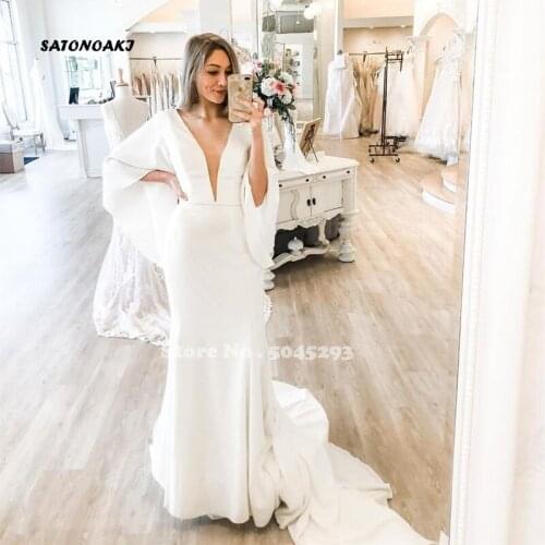 Sexy Satin Mermaid Wedding Dress 2021 V-Neck Flare Sleeve White Sweep Train Floor Length Elegant Bridal Gowns Vestido De Novia