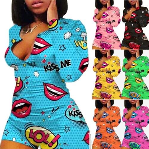 Casual V Neck Sexy Short Rompers Sleepwear Long Sleeve Playsuit Fashion Printed Bodysuit Onesies Summer Y2k Clothes for Women
