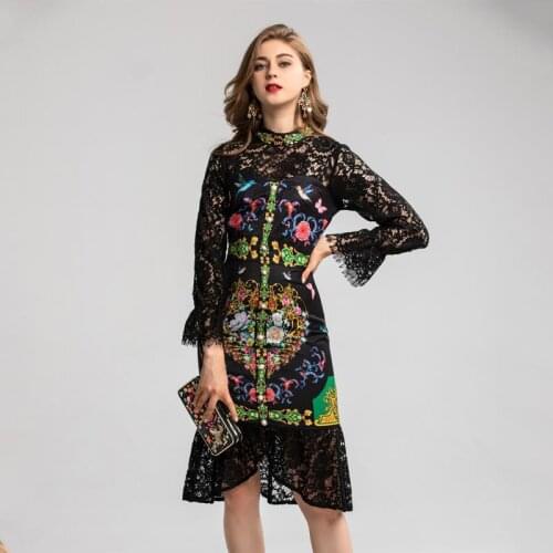 2021 Spring Fashion print flare sleeves women high quality lace dress B271