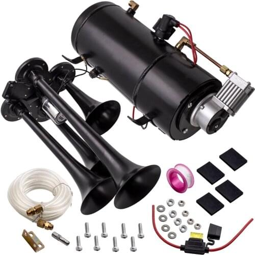 12V/24V 4 Trumpet Vehicle Air Horn Compressor Tubing 150 dB Train 150 PSI Kit Truck Train Tank Gauge Hose