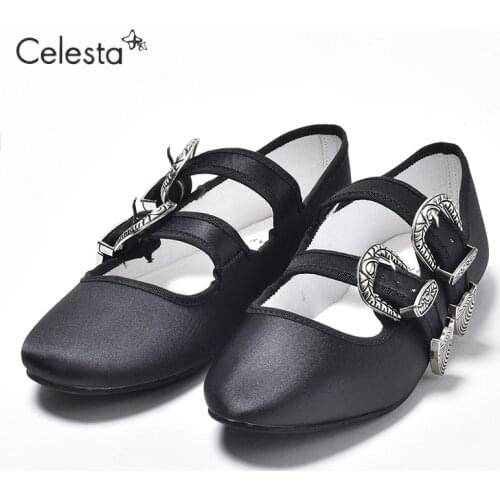 2021Celesta Easy to Walk Metal Buckle Womens Flat Shoes Flat Pumps Kung Fu Shoes China Shoes Ballet Shoes Velor Croco Embossed