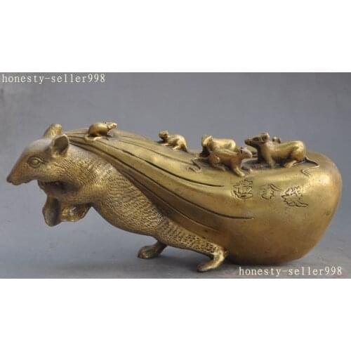 9" Chinese Folk brass wealth lucky Money Bag zodiac Mouse Mice Rat Statue