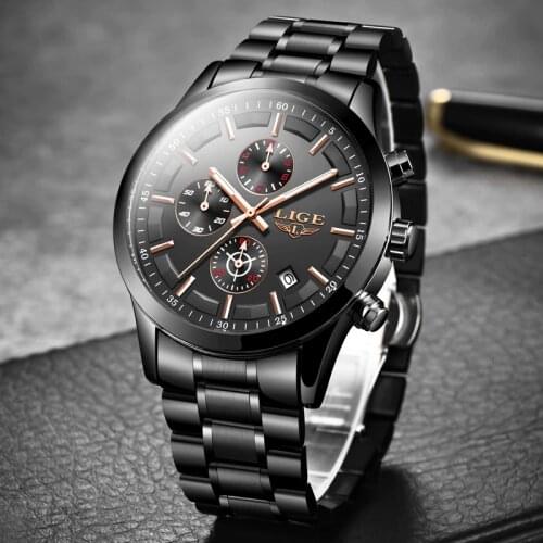 LIGE Watch Men Top Brand Luxury Chronograph Sport Watch Quartz Clock Stainless Steel Waterproof Men Watches Relogio Masculino