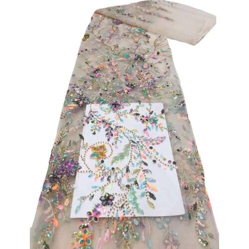 French Mesh Lace Fabric Sequins Bead Tubes Tulle Embroidery Craft Sewing Design Prom Wedding Dress 5 Yards Trimming Wholesale