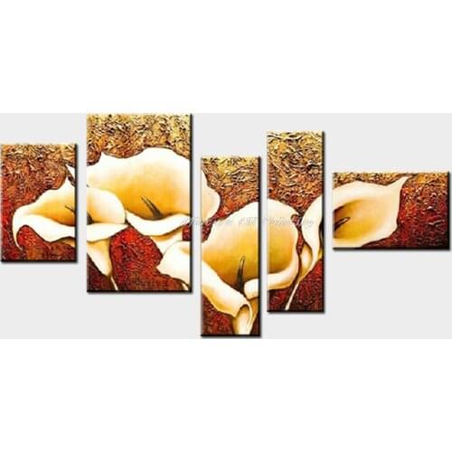 5 Pcs 100% Hand-painted Autumn Golden Lily Flower Oil Painting On Canvas Wall Decor Pictures Art Home Decoration For Living Room