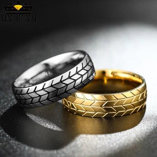6MM Mens Classic Stainless steel Tire Tread Ring Gold-Color locomotive punk male couples accessories tyre Band Car Fans Love