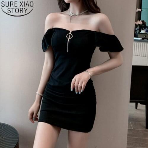 2021 New Black Sexy Club Dresses Women Off Shoulder Temperament Slash Neck Summer Short Sleeve Sheath Nightclub Mini Dress 14571