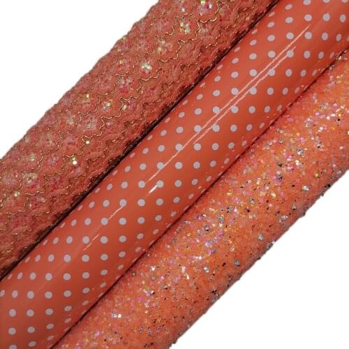Orange Mesh Glitter leather, Diamonds Glitter Sheets, Dots Printed Synthetic Leather Faux Fabric For Bows Earrings 21x29CM KM603