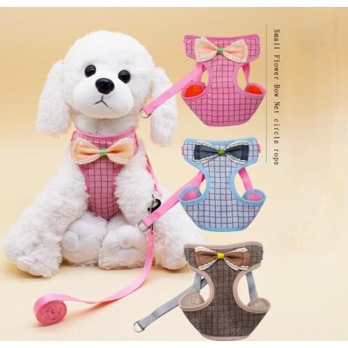 Soft Pet Dog Cat Harness and Leash Collar Set With Lovely Bow Tie for Small Medium Pet Outdoor Walking Pet Supplies