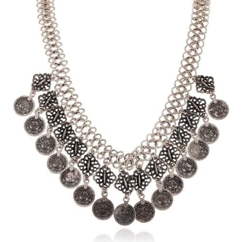 Trendy Retro Coin Tassel Necklace Hollow Pendants Wide Clavicle Necklace Women Fashion Geometric Metal Sweater Jewelry Statement