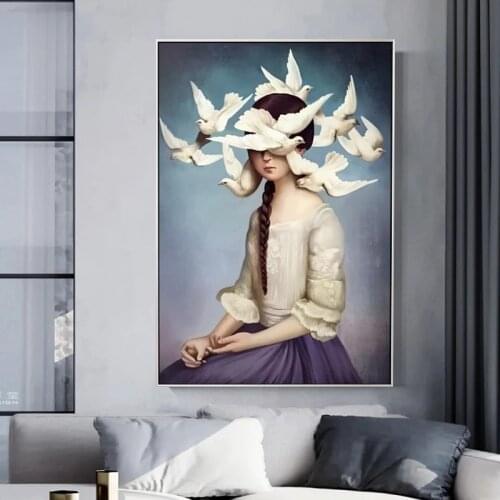 Modern Peace Dove Sky Holy Face Canvas Painting Pictures for Living Room Girls Room Art Pictures Wall Art Canvas Pigeon Home HD
