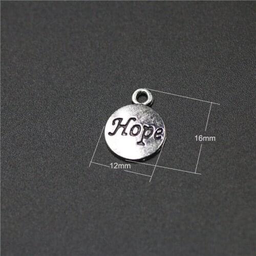 High Quality 50 Pieces/Lot 12mm*16mm Antique Silver Plated Round Disc Tag Letter Engraved Inspiration Message Hope Charms