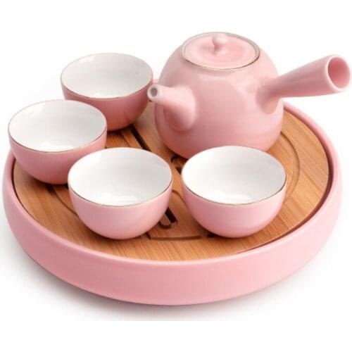 Japanese Pink Tea Cup Set with Bamboo Tea Tray Lovely Girl Heart Teapot Coffee Cup Set Ceramics Chinaware 4 Cups