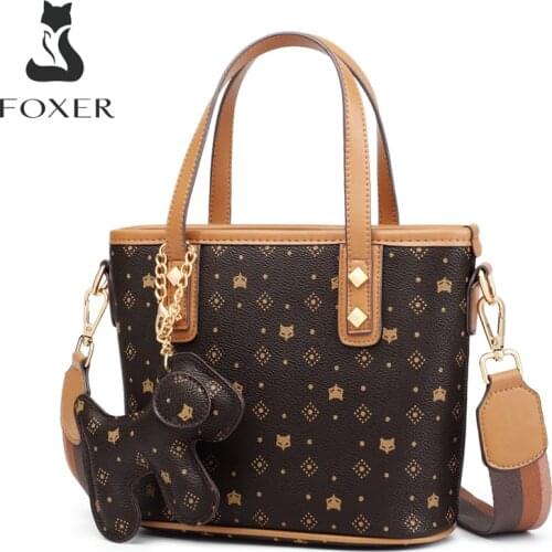 FOXER Women Commute Totes Monogram Printing Handbag PVC Leather Top Handle Bag Lady Crossbody Shoulder Bag Retro Signature Purse