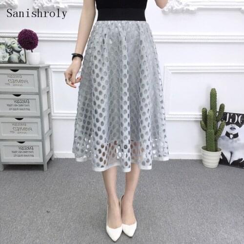 Womens Skirt Summer Sweet Dot Hollow Out Lace Skirts Female A-Line Midi Long Skirt Elastic High Waist Pleated Ball Gown Skirt