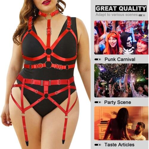 Gothic Plus Size Women Chest Binding Pentagonal Straps Body Bondage 2 Pcs Set Halter Neck Erotic Lingerie Stockings Garter Belt