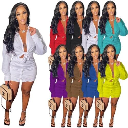 Casual Solid Shirt Skirt Sets Women Sexy Lace Up Long Sleeve Top and Mini Bud Button Skirts Summer Autumn Elegant Two Pieces