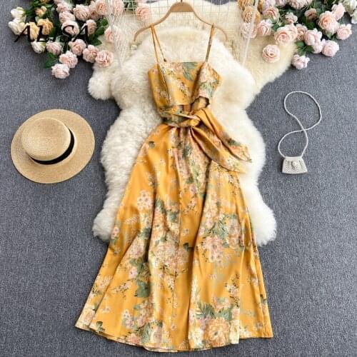 2021 Summer Bohemain Bandage Dress Women Floral Printing Hollow Straps Beach Elegant Dresses Ladies Vintage Long Robe Vestido