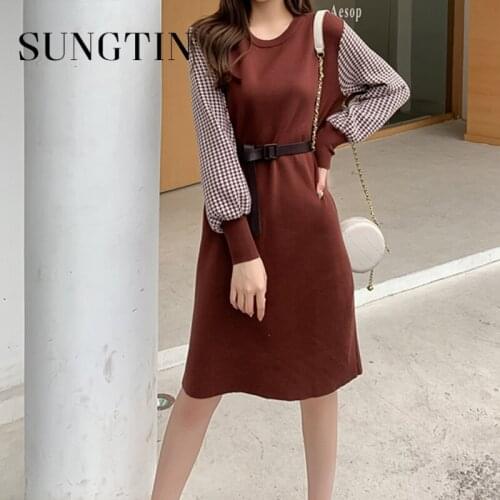 Sungtin Autumn Winter Houndstooth Knitted Dress Women Stitching Slim Sweater Dresses with Belt Female Elegant Vintage Clothing