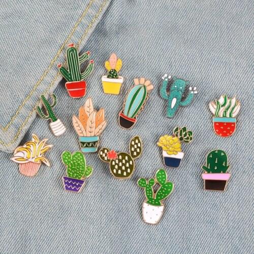 14Styles Potted Plant Rainbow Enamel Pins Custom Cactus Cat Brooches Backpack Shirt Lapel Pin Badge Fashion Cartoon Jewelry Kids